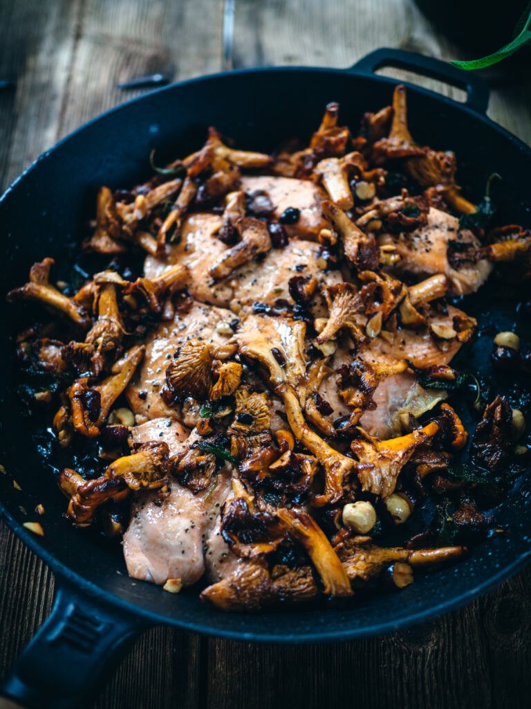 Salmon with Brown Butter Chanterelles and Hazelnuts