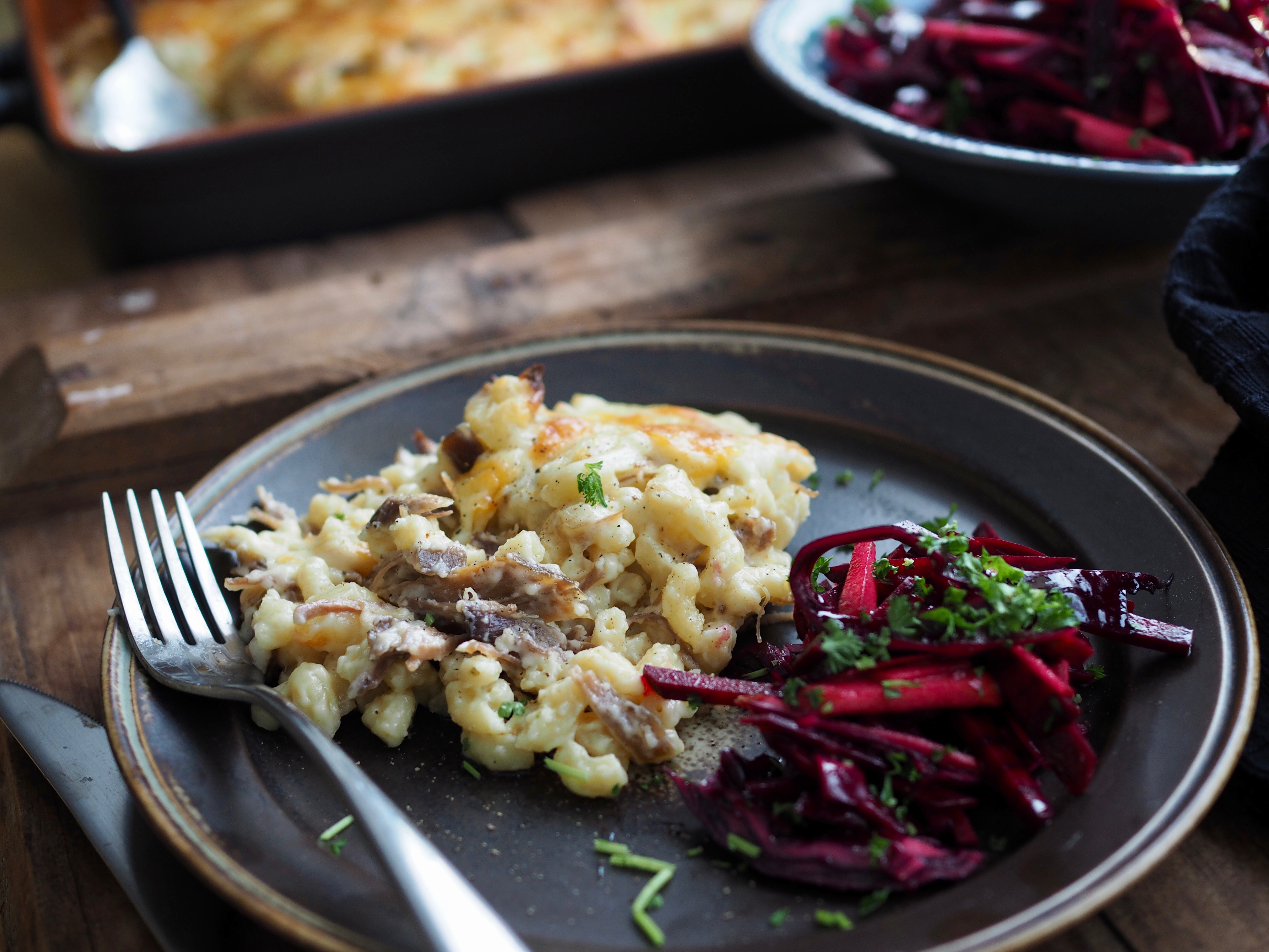 Norwegian Pinnekjøtt Macaroni and Cheese and Winter Slaw